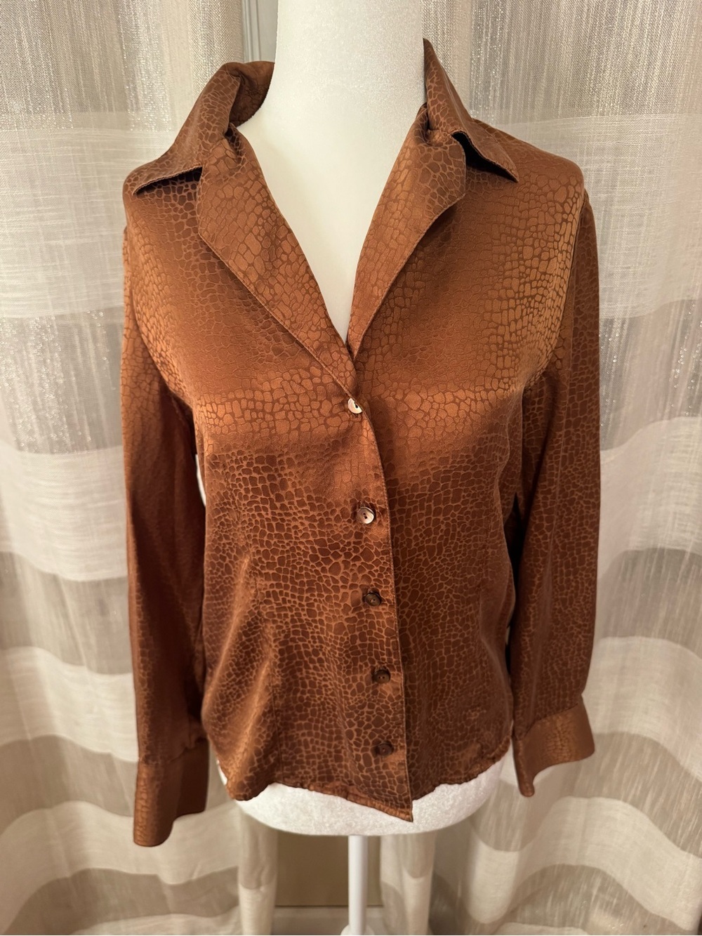 Vintage Talbots Pure Silk Brown Textured Button-Down Women's Shirt